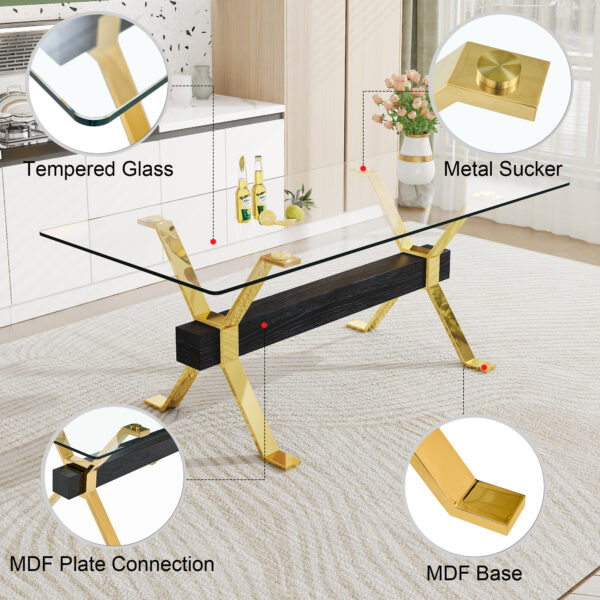 ec9ab89bad4a4b87bbf733e2d48671e5_31c2b1d7e2d6a5d3d65b167cc6e1fe6e Dining table. Modern tempered glass dining table. Large modern office desk with gold metal legs and MDF crossbars, suitable for home and office use. Kitchen .71 ''x35.4''x30 '' 1105