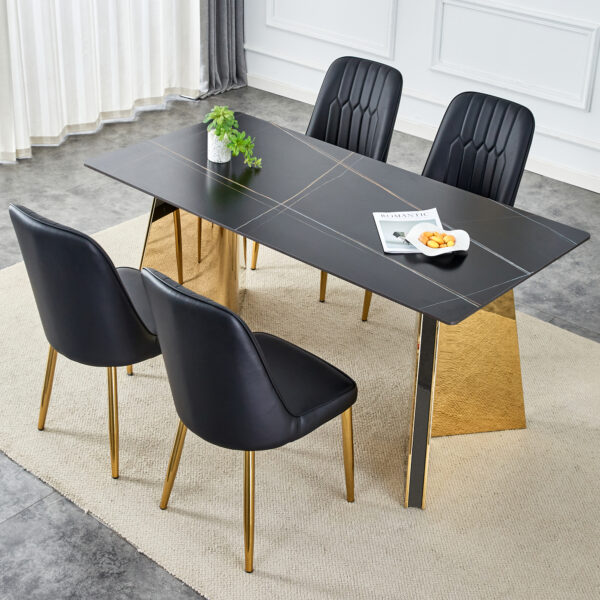 ecbe3ec4d48045518214a118f291a6c6_2813350df36195c74c27fa5b49786aa1 Table and chair set.63"x31.5x30"Black Texture With Lines Patterned Sintered Stone Table with Golden Stainless Steel Legs.Paried With 4 Black PU Chairs with Simple Line Designs On The Backrest.
