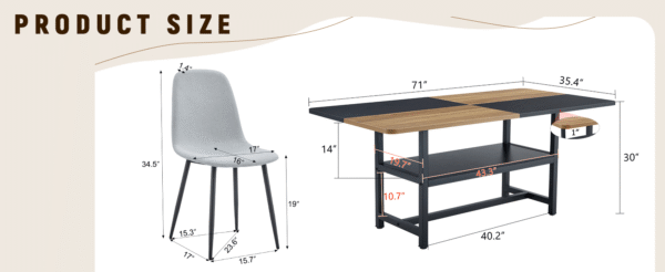 Table and chair set.71*35.4 inch Wooden And Black Spliced Dining Table With Storage Function In The Middle Of The Table Legs.Paired With 8 Light Gray Linen Fabric Chairs.