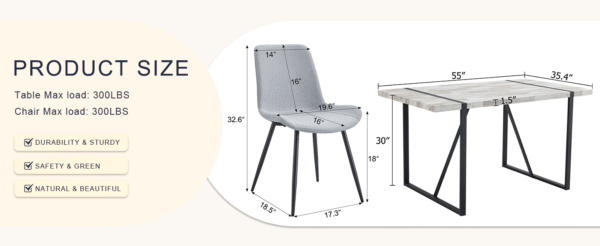 ecc2f7dd47c94995a0ed972743578b3b_d57786c70f5f52f41afe612d45502fb2 Table and chair set.A minimalist retro rectangular dining table with a textured top and black metal legs.Paired With 4 Light Gray Linen-Cotton Dining Chairs With Curved Widened Cushion Design.