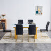 Table and chair set.Large modern rectangular table with 0.4 inch patterned glass tabletop and large MDF table legs.Comes with 6 chairs with faux leather cushioned seats and golden metal legs.