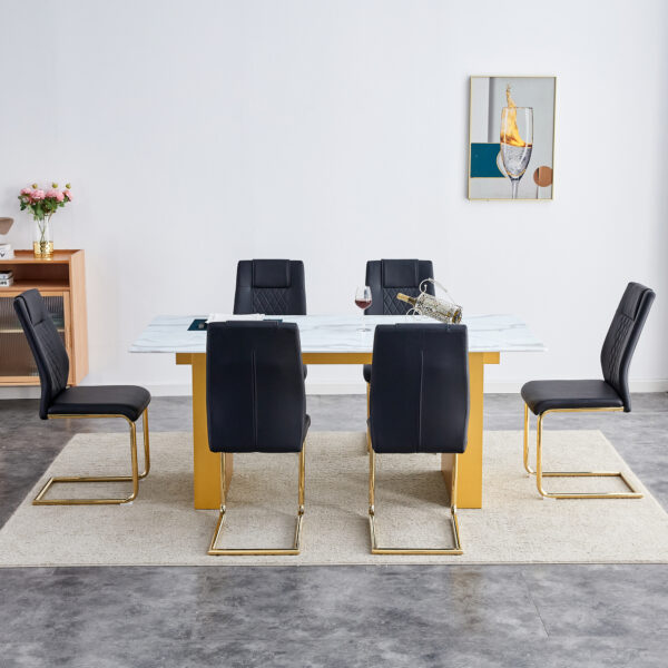 eccecdef38b246f995b52932d7fa0cbf_e9fdac7ca59318407c930baab7d7e062 Table and chair set.Large modern rectangular table with 0.4 inch patterned glass tabletop and large MDF table legs.Comes with 6 chairs with faux leather cushioned seats and golden metal legs.