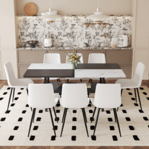 Table and chair set.71*35.4 inch White And Black Spliced Dining Table With Storage Function In The Middle Of The Table Legs.Paired With 8 White Artificial PU Chairs With Curved Widened Cushion Design.