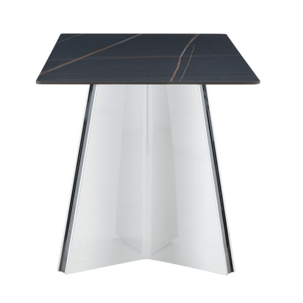 ecda71a9367e48be84d368351d2cc033_4078b9aabc9a52c7bbffcb1459a3bef3 63"x31.5x30" Black Marble-Patterned Slab Dining Table with Stainless Steel Butterfly Legs.The tabletop is designed to be scratch and heat resistant.Slabs Tabletop,Stainless Steels Legs.