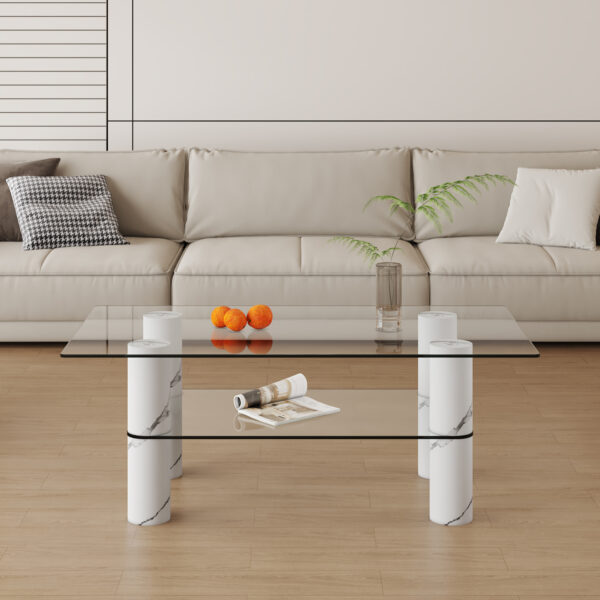 ecedb9d5676047b5aa66dded48f5a975_bc11c31ed408572f6456c0e9eb005bcf Modern minimalist double layered transparent tempered glass coffee table and coffee table, paired with white MDF decorative columns. Computer desk. Game table. CT-X02