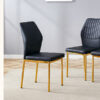Luxury Simple Chair - Set of 6 BLACK PU Material High Resilience Dining Chair with Metal Gold Leg.The Chair Back Has a Vertical Stripe Design With Smooth And Uniform Lines.