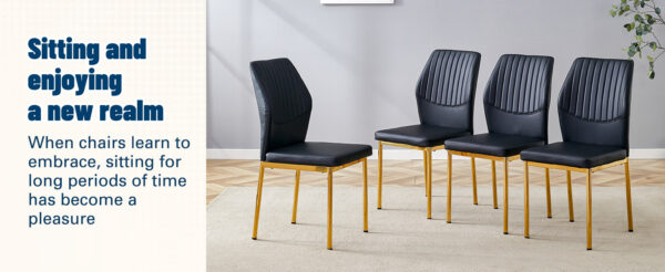ed181cafbda44490ad06ae4a70b6d4ab_50baa10011a95ebb580475cb04f49168 Luxury Simple Chair - Set of 6 BLACK PU Material High Resilience Dining Chair with Metal Gold Leg.The Chair Back Has a Vertical Stripe Design With Smooth And Uniform Lines.