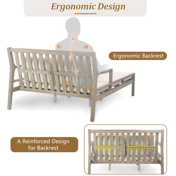 TREXM Outdoor Daybed, Patio Daybed with Four Pillows, Wooden Outdoor Bed with Curved Armrests for Poolside, Backyard, Garden (Gray+Beige Cushion)