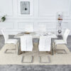 Table and chair set.63"x31.5x30" Luxurious Pandora patterned Sintered Stone Tabletop with Silver Stainless Steel Butterfly Legs.Paried With 6 White High-quality PU Chairs With Arched Metal Legs.
