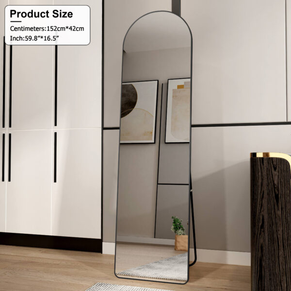 ed37dc83e2e641ce97bc4fe7ca2b8aa0_20240204_bc91884b4f99059008277306043d61ff The 4st generation of floor mounted full length mirrors. Aluminum alloy metal frame arched wall mirror, bathroom makeup mirror, bedroom porch, clothing store, wall mounted.Black 59.8 "*16.5"W115112560