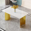 Modern minimalist dining table. White imitation marble glass sticker tabletop, golden table legs, stable and beautiful. Suitable for living room and dining room 63" *35.4" *30 DT-69