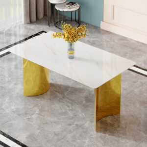 Modern minimalist dining table. White imitation marble glass sticker tabletop, golden table legs, stable and beautiful. Suitable for living room and dining room 63" *35.4" *30 DT-69