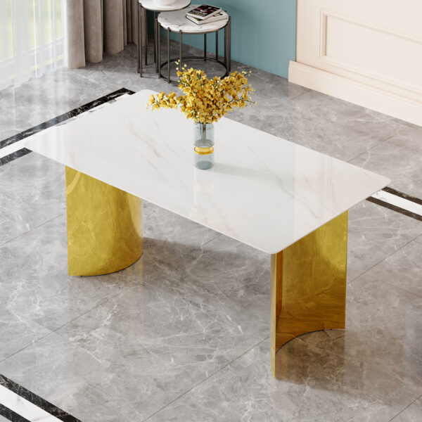 ed3d02be67a74886bd645c62a90a97b1_cfec4f3e27c917eab516e261a9315b91 Modern minimalist dining table. White imitation marble glass sticker tabletop, golden table legs, stable and beautiful. Suitable for living room and dining room 63" *35.4" *30 DT-69