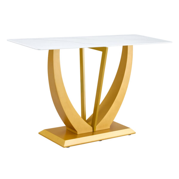 Modern and simple rectangular glass dining table in white with a pattern, 0.39 "white top and gold legs, suitable for entrance and living room.
