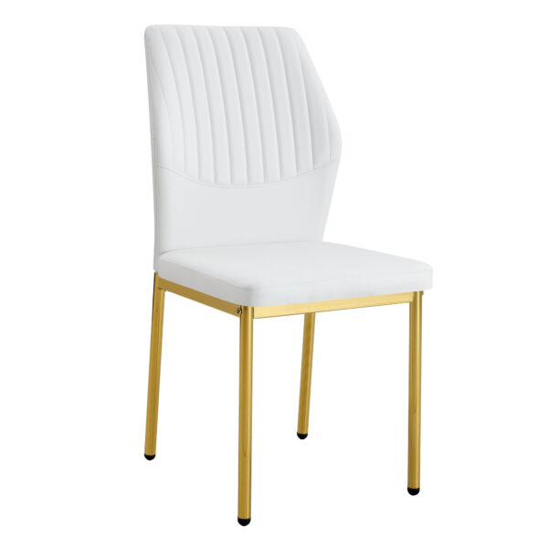 ed50da08da8640478db28dbd33cc42ff_45bac75d996003b713c785c37605fb86 Luxury Simple Chair - Set of 4 White PU Material High Resilience Dining Chair with Metal Gold Leg.The Chair Back Has a Vertical Stripe Design With Smooth And Uniform Lines.