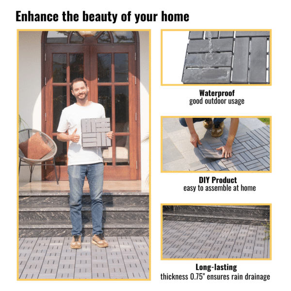 30 PCS Interlocking Deck Tiles Checker Pattern, 12" x 12" Square Light Gray Acacia Hardwood Outdoor Flooring for Patio, Bancony, Pool Side,...