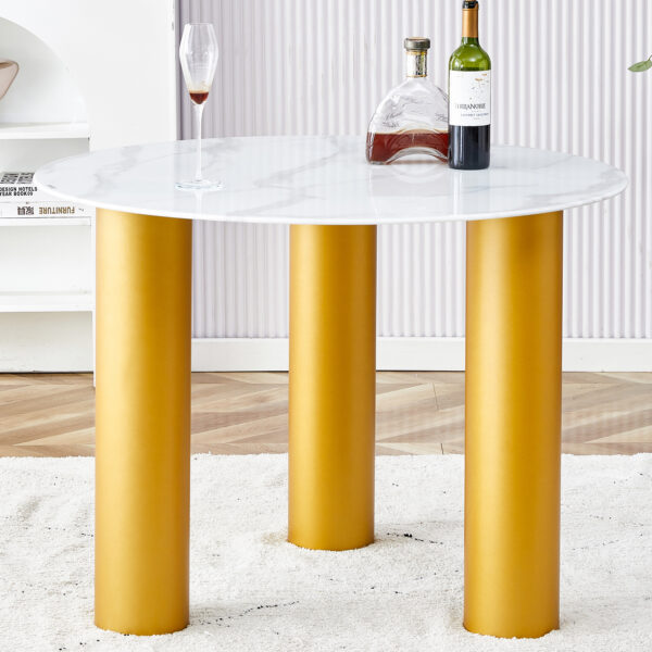 Round white dining table, artificial marble glass stickers, golden MDF legs, kitchen dining table, living room dining table 40 "* 40" * 29.4 "F-X03