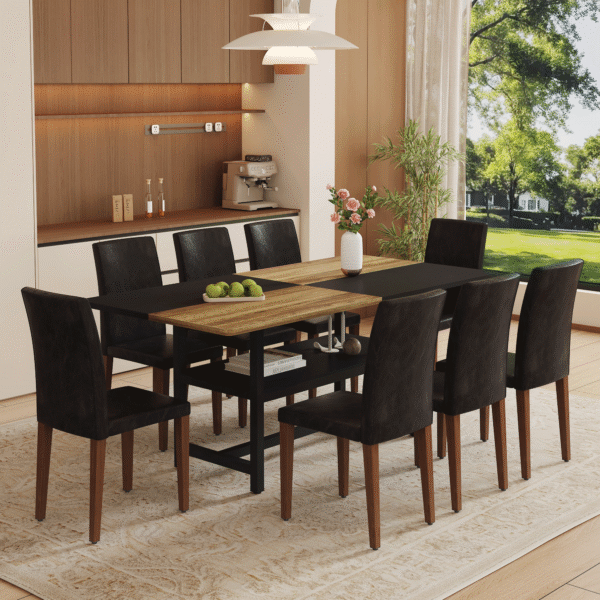 Table and chair set.71*35.4 inch Wooden And Black Spliced Dining Table With Storage Function In The Middle Of The Table Legs.Paired With 8 Black PU Dining Chairs, Simple And Versatile.