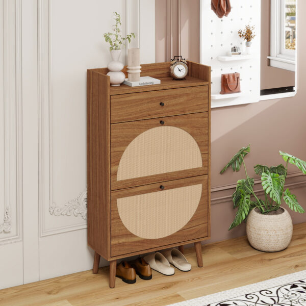 Rattan, Allen 2 Door 1 Drawer Cabinet, Shoe Rack, Double Layer, Suitable for Entrance