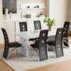 Table and chair set.63"*35.4" White Imitation Marble Pattern MDF Dining Table Set - 6 PU Chair With Black Saddleback, Geometric Pattern Backrest,Silver Curved Metal Leg..Suitable For Various Scenes.