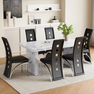 Table and chair set.63"*35.4" White Imitation Marble Pattern MDF Dining Table Set - 6 PU Chair With Black Saddleback, Geometric Pattern Backrest,Silver Curved Metal Leg..Suitable For Various Scenes.