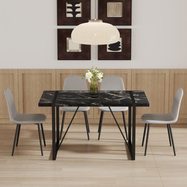 ed98a65f624c47a6873a1eadf28a6d0a_df072618853c385abbdc2c44c8302811 Table and chair set.Modern Black Marble Pattern MDF Dining Set - 55"x31.4" with 4 Light Gray Linen Fabric Chairs.Iron Pipe Spraying Chair Legs.Suitable for kitchen,Dining room,etc.