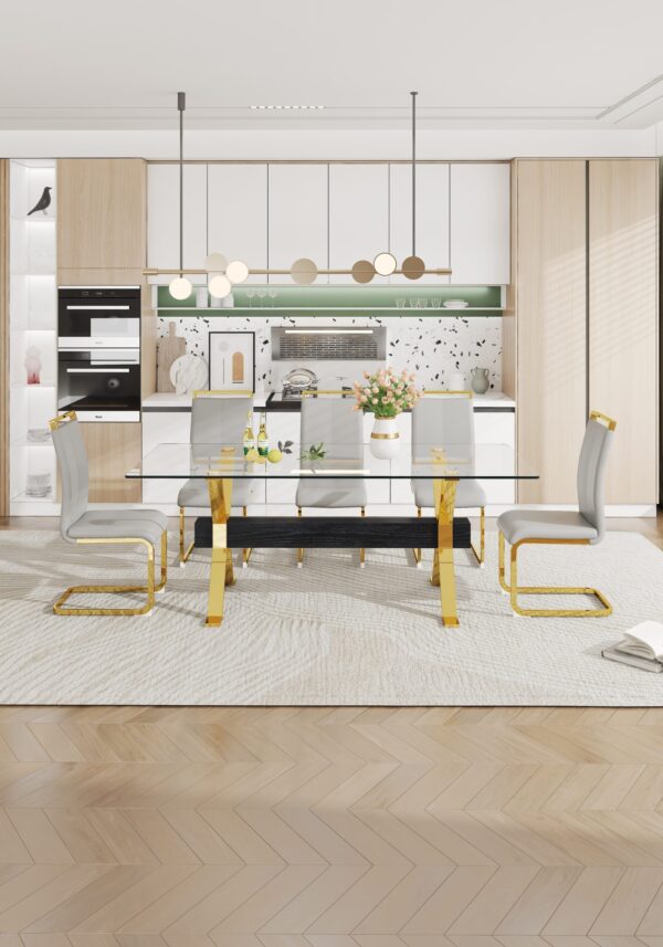 ed9bdb100a154a9ab398adbb3e3cbe36_20230727_c3f4e8809cd23a7f44686a50e5504b0e Dining table. Modern tempered glass dining table. Large modern office desk with gold plated metal legs and MDF crossbars, suitable for both home and office use. Kitchen. 79 ''x39''x30 '' 1105