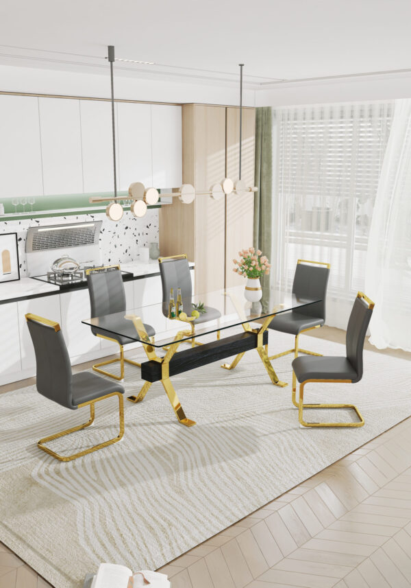 edce977101d141219b24a26739012faa_20230727_eb77ac4690f1f9708962aefa316cad01 Dining table. Modern tempered glass dining table. Large modern office desk with gold plated metal legs and MDF crossbars, suitable for both home and office use. Kitchen. 79 ''x39''x30 '' 1105