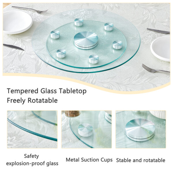 edd13ade164d4d9aa5ef629d3962dd1c_c9b4c54a12e6c45a1440f441633b6b8f Double layer rotatable round glass.The rotatable design makes it more convenient to retrieve and place items.The upper glass has a diameter of 20 inches, while the lower glass15 inches.