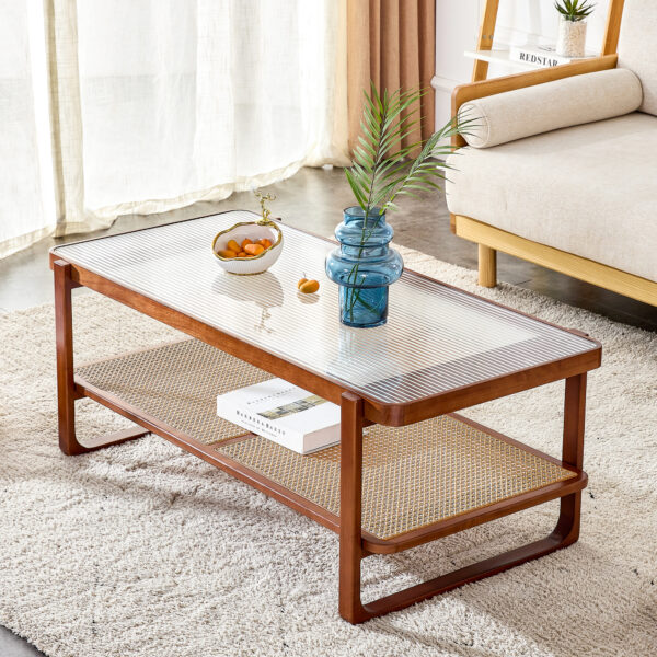 ede0af47c15b4740bc238d3056760e06_20230612_dc8c5b46cde2e37b8f21e9393d9c7864 Modern simple rectangle double-layer Walnut color solid wood Glass desktop tea table rattan woven Chinese side table small rectangle table suitable for living room, dining room and bedroom