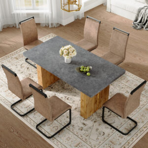 Table and chair set.Cozy Modern MDF Dining Set - 67"x35.4" with 6 brown technology fabric chairs with Featuring arched black legs.Suitable for home dining rooms,hotels,other commercial spaces.