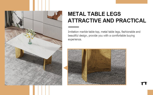 edf0a008ab89410b8e20cfe0329bba3f_7ca5efe3b25783226f054207639880d8 Table and chair set.The table has a glass top with imitation marble pattern stickers and stainless steel golden legs. Paried with chairs with PU artificial leather backrest cushions and black legs.