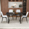 Table and chair set.Modern Black Marble Pattern MDF Dining Table Set - 55"x31.4" with 4 Extended Seat Cushion PU Dining Chairs.White and Black Splicing Colors Cushion.Iron Pipe Spraying Chair Legs.