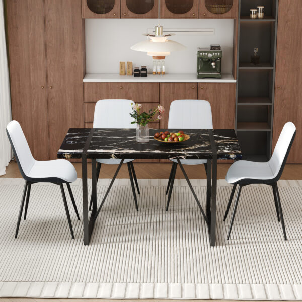 edfc2d02115b455a8ab7941e6fbc8195_6d8fd6840b93adf6c04f2f7d2c13d89b Table and chair set.Modern Black Marble Pattern MDF Dining Table Set - 55"x31.4" with 4 Extended Seat Cushion PU Dining Chairs.White and Black Splicing Colors Cushion.Iron Pipe Spraying Chair Legs.