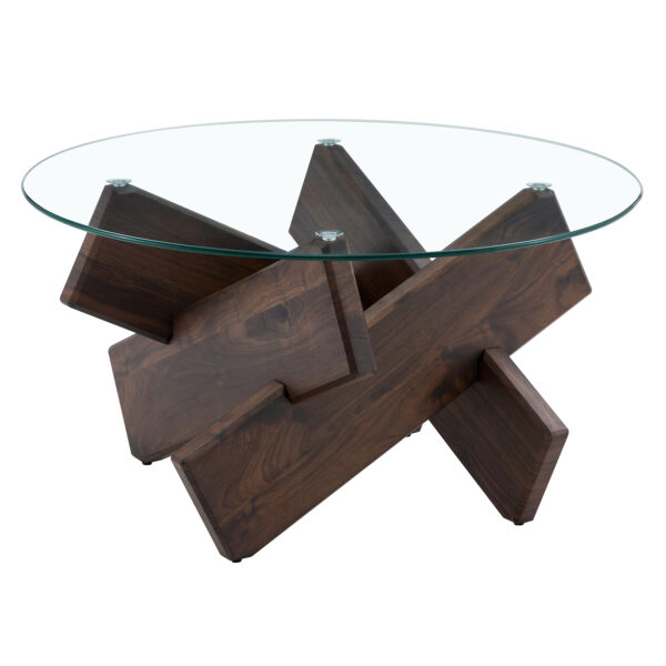 edfc7f8a59f0400aa9cc74d93a3f0555_c671f56ccc027093781b5f9b1021fada Round glass coffee table, 33.4" modern design unique coffee table. Tempered glass top with Walnut colored texture sticker MDF legs. Suitable for living and dining rooms