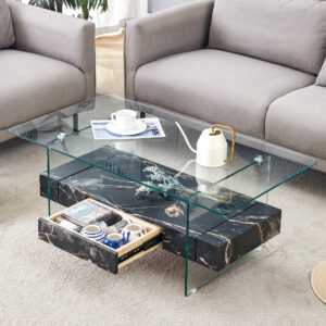 43.3 Inch Modern Two-Tier Coffee Table - Clear Tempered Glass and Black Marble Texture, Multifunctional Storage Design.The bottom tier includes a drawer.Can be used as a coffee table,side table,etc.