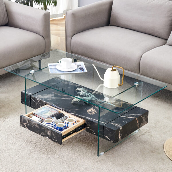 ee0acdb777634e18b0e18843d811b76c_30e7fa6c456d5b9a7d7baf8cdc62454e 43.3 Inch Modern Two-Tier Coffee Table - Clear Tempered Glass and Black Marble Texture, Multifunctional Storage Design.The bottom tier includes a drawer.Can be used as a coffee table,side table,etc.