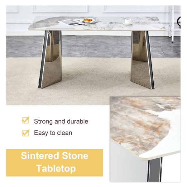 ee2ac3ed5f0041c3a097b83bc9ccb15a_b55d46532628a1e996eb1231a8c85159 Table and chair set.63"x31.5x30" Luxurious Pandora patterned Sintered Stone Tabletop with Silver Stainless Steel Butterfly Legs.Paried With 4 Dark Gray High-quality PU Chairs With Arched Metal Legs.