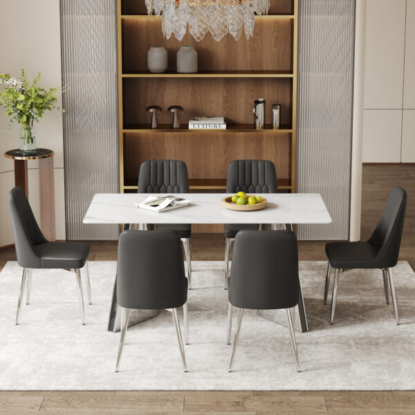 ee33b0a464154d458739d13dc954b8d8_775d6f8fb2cbfe5938b9b2a26eabdb3b Table and chair set.63"x31.5x30" Luxurious Snow Mountain Patterned Sintered Stone Table with Silver Metal Butterfly Legs.Paired With 6 Black Chairs With Silver Metal Legs.Modern Light Luxury.
