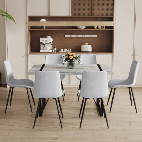 ee421b81e41d4bbf9dd8fe56bcf93eb6_175d1d5da9de825b91431571a73adc95 Table and chair set.A minimalist retro rectangular dining table with a textured top and black metal legs.Paired With 6 Light Gray Linen-Cotton Dining Chairs With Curved Widened Cushion Design.