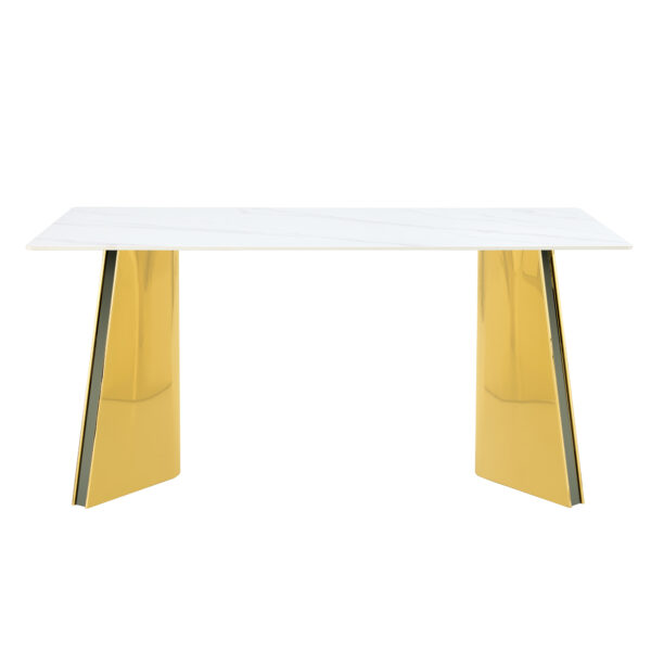 ee620c57e741484eb39e22a4f5ce14a3_7bb757eb645771d5eef65f2d1baaa182 Table and chair set.63"x31.5x30" Luxurious Snow Mountain Patterned Sintered Stone Table with Golden Stainless Steel Butterfly Legs.Paried With 4 Black High-quality PU Chairs With Arched Metal Legs.