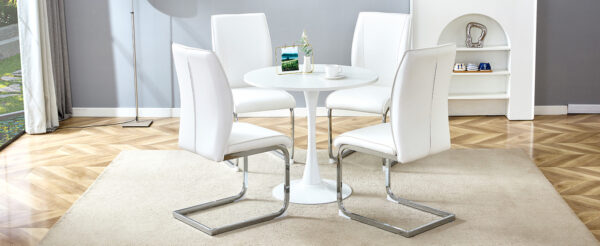 ee63728d6f5f4018be21616d5aab14c6_0d9d954334039d38917e8c288f3b5106 Table and chair set.Hourglass-Shaped Stable Small Round Table -31.9" * 31.9" With 4 Soft and Comfortable White PU Chair With Arched Metal Silver Leg.Create Your Exclusive Low-Key Luxury Space.