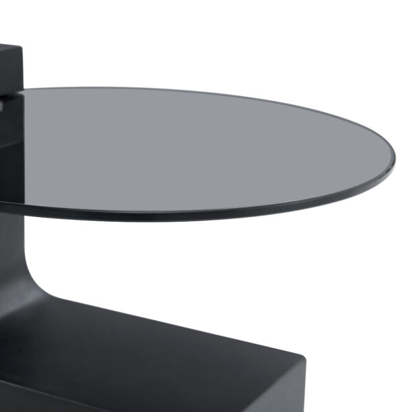 ee9432e7af134e9788c0d0cd9bae7a4e_9c5a2949e560a5bcc39bb88eb9abb7e3 Modern Simple Double-Layer Round Coffee Table - Transparent Gray Glass Top with Black MDF L-Shaped Legs.The detachable design can make the use of space more flexible.
