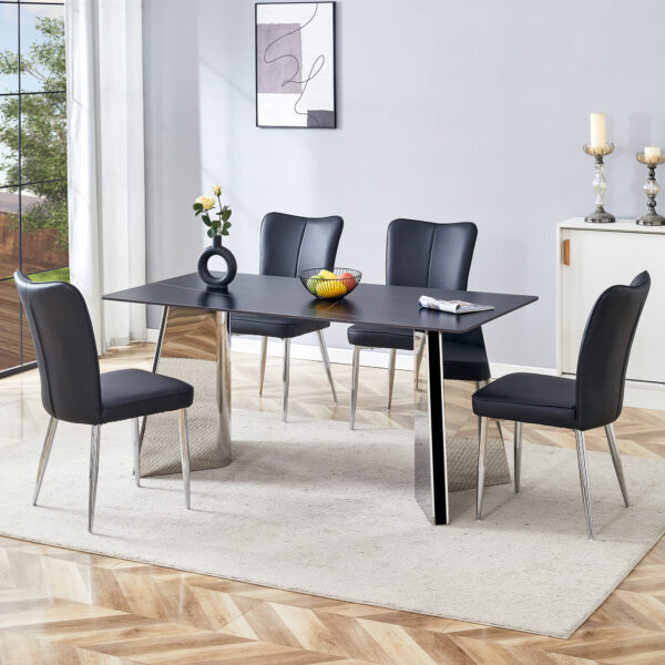 ee9da344bf7d45a8a1d887f658328c16_2f704d7e4ac36761c70ac04d3178cc97 Table and chair set.63"x31.5x30" Black Marble-Patterned Slabs Tabletop with Stainless Steel Butterfly Legs.Paired with 4 Black PU dining chairs with a vertical stripe design on the backrest.