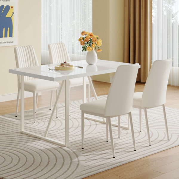eead6f34fc5c422e8ec90a4ab9c8dc7f_32129f4374701f78acf2bb12c44838b8 55"x31.5"Cream-Style White MDF Dining Table Set with 4 Armless Chairs.The backrest of the dining chair is designed with multiple vertical stripes.Adding a warm atmosphere to your family.