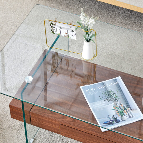43.3 Inch Modern Two-Tier Coffee Table - Clear Tempered Glass and Dark Wood Grain, Multifunctional Storage Design.The bottom tier includes a drawer.Can be used as a coffee table,side table,etc.