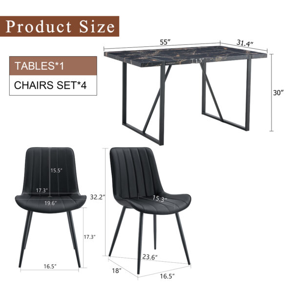 eeb83f571a444e30a0ccc19e40527823_afb8dd8a6becc8161252f6cfd2b8b90d Table and chair set.Modern Black Marble Pattern MDF Dining Table Set - 55"x31.4" with 4 Extended Seat Cushion PU Dining Chairs.Black Cushion.Iron Pipe Spraying Chair Legs.