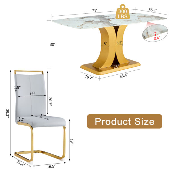 Table and chair set.71"x35.4"x30" Luxurious Pandora Patterned Glass Dining Tabletop with Golden Back To Back C-Shaped MDF Legs.Paried With 8 Light Gray PU Chairs with golden C-tube metal leg.