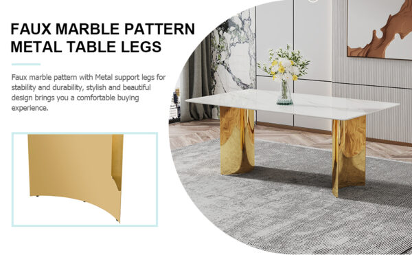 eee9e80456814594982d4366b2dfd0af_396260c82626c8fa73d77d0231defb2a Table and chair set.The table has a glass tabletop with imitation marble pattern stickers and stainless steel golden table legs. Paried with comfortable chairs with PU seats and metal legs.