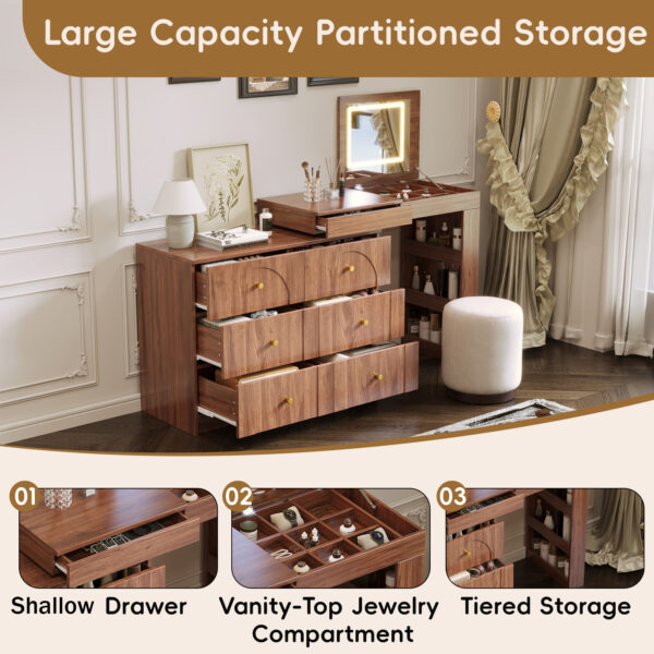 Vanity Desk with Mirror and Lights, Makeup Vanity Table with Flip-Top Tabletop and Storage 7 Drawers, 9 Compartments, 3 Shelves, 3 Color Modes Adjustable Makeup Table for Bedroom, Walnut